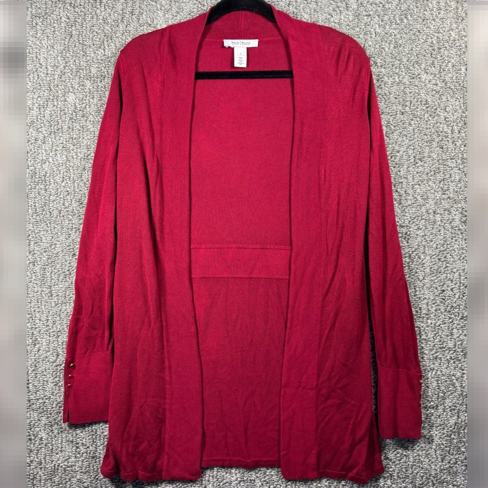 White House Black Market Cardigan Open Front Sweater Button Cuff Red Women's S